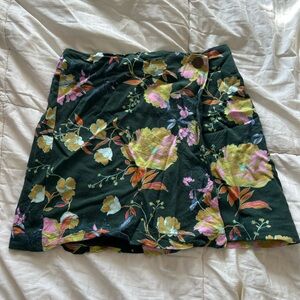 Urban Outfitters Dark Green Floral Wrap Mini Skirt with Yellow & Pink Flowers
